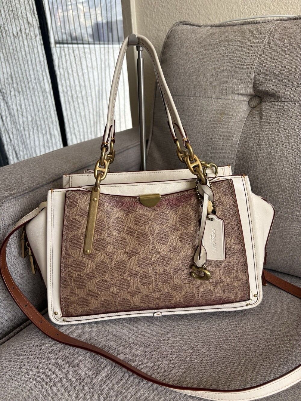 Coach Mini Dreamer 27 Signature Canvas & Leather Satchel Crossbody Bag in White